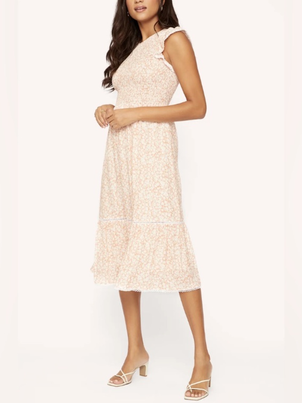 Lost + Wander Flutter Sleeve Smocked Floral Midi Dress Blush and White Lace Trim